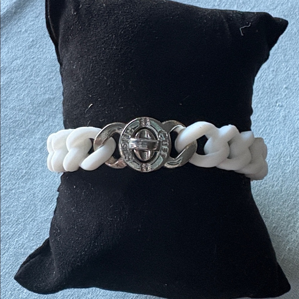 Rustic Cuff White Bracelet  stretched with Silver Accent